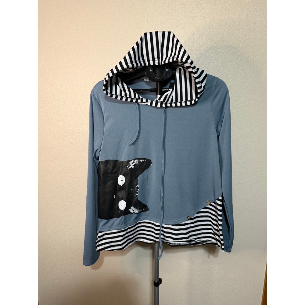 Misslook‎ Blue Cat Graphic Striped Layered Hoodie Top Large